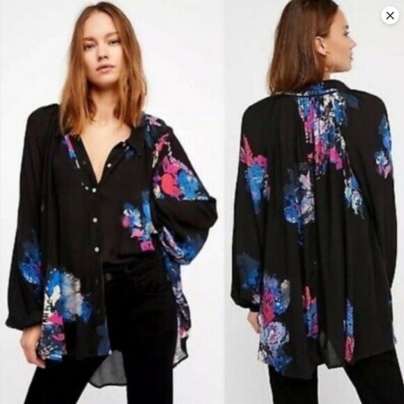Free People Meadow Lark Button-Up Floral Tunic Top – Black –‎ Women’s Small - Picture 1 of 11